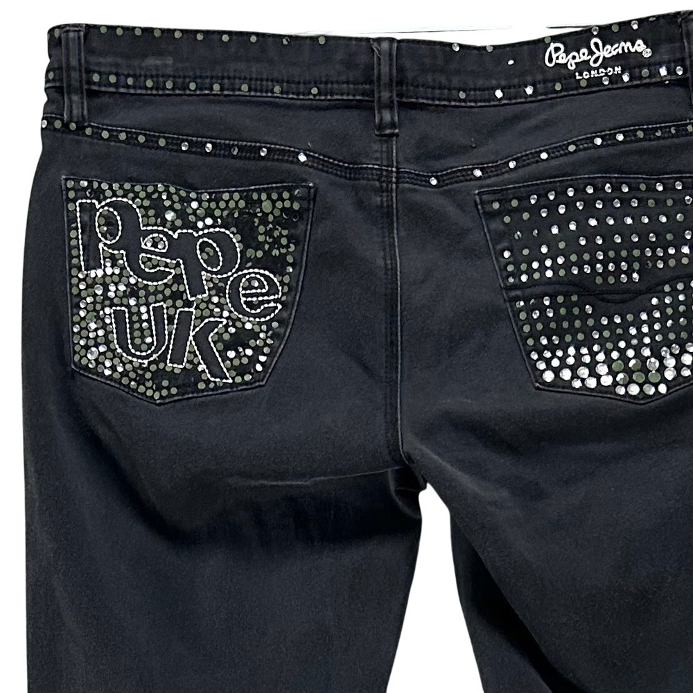 Vintage Pepe Jeans London Flare‎ Pants Womens 30 Black Rhinestone Studded Y2K